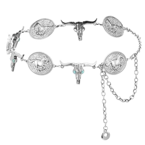 Damen Western Kettengürtel Verstellbar Silber Damen Concho Kettengürtel Westerngürtel Taillenkettengürtel Mode Boho-Stil Gürtelkette für Jeans Kleider von Yolev