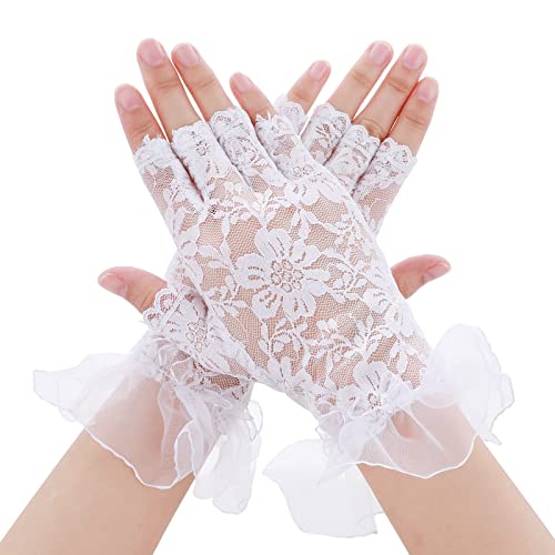 Damen Fingerlose Handschuhe Weiße Spitzen Handschuhe Kurze Blumen Net Handschuhe mit Spitzen Braut Handschuhe für Hochzeit Oper Abendessen Teeparty von Yolev