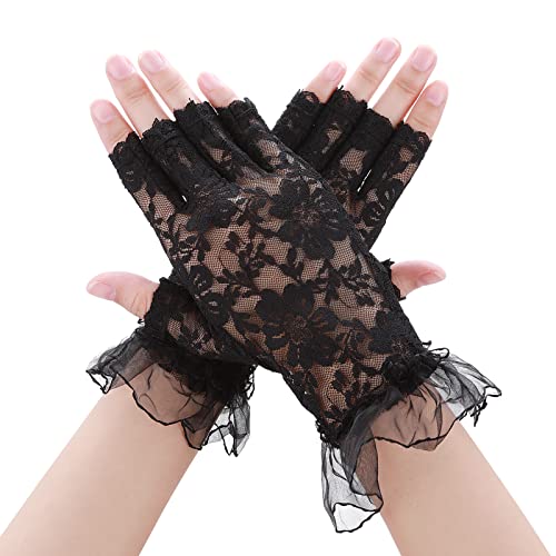 Damen Spitzen Fingerlose Handschuhe Schwarze Kurz Geschnittene Blumen Net Handschuhe mit Spitzen Brauthandschuhen für Hochzeit Beerdigung Oper Abendessen Teeparty von Yolev