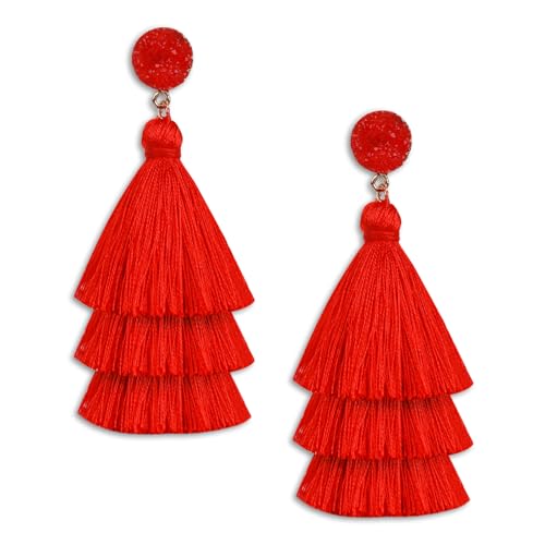 Damen Quasten Ohrringe Rot Böhmische Hängend Ohrringe Geschichtete Quastenohrringe Ohrstecker Quasten Tropfen Ohrringe Damen Party Abend Schmuck Zubehör von Yolev