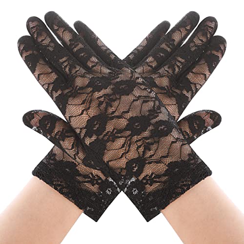 Yolev Schwarz Spitzenhandschuhe Damen Kurze Netzhandschuhe Braut Hochzeit Blumen Handschuhe für Oper Abendessen Teeparty Beerdigung von Yolev