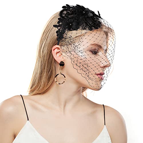 Fascinators Hut Vintage Schwarz Schleier Fascinator Mesh Spitze Stirnband Tea Party Kopfbedeckung mit Schleier Cocktail Tea Party Kopfbedeckung für Mädchen und Frauen von Yolev