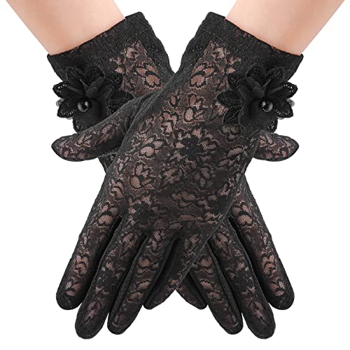 Florale Spitzenhandschuhe Halloween Spitzenmuster Handschuhe Damen kurze Elegante Fascinator Schwarze Netzhandschuhe Elastische Halloween Schutz Fahrhandschuhe Touchscreen für Hochzeit Opernessen von Yolev