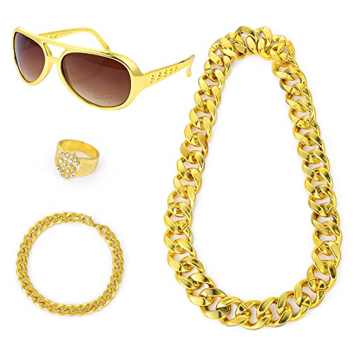 Hip Hop Kostüm Set 80er 90er Kostüme Outfits Dollar Kette Set Halsketten Herren Gefälschte Goldketten Faux Gold Kette Jahre Accessoires Damen Partyzubehör Hippie Trendige Afrikanische Sonnenbrillen von Yolev