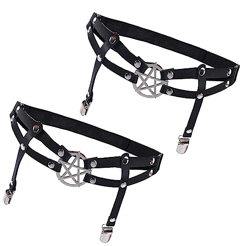 Yolev Leder Bein Strumpfband 2 Stück Schwarz Gothic Strumpfhalter Doppellagig Verstellbar Oberschenkel Strumpfband mit Rutschfesten Clips Damen Halloween Rave Karneval Cosplay Party Zubehör von Yolev