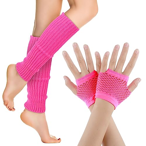 Neon Stulpen Damen Netz Handschuhe Set Retro Stretch Beinstulpen Netz Fingerlose Handschuhe 80er Jahre Outfit Party Sport Yoga Zubehör Rosa Rot von Yolev