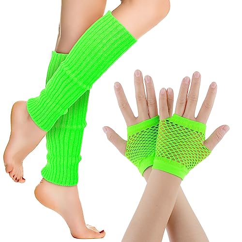 Neon Stulpen Netzhandschuhe Set Damen Retro Stretch Beinstulpen Netz Fingerlose Handschuhe 80er Jahre Outfit Party Sport Yoga Zubehör Grün von Yolev
