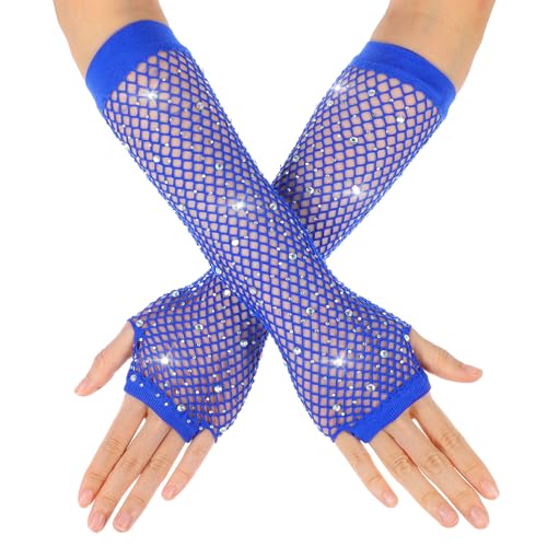Netzhandschuhe Strass Königsblau Lange Fischnetz Fingerlose Handschuhe Netzhandschuhe für Damen mit Strass Fishnet Glänzende Modische Opernhandschuhe für 80er Jahre Kostümparty Halloween Cosplay von Yolev