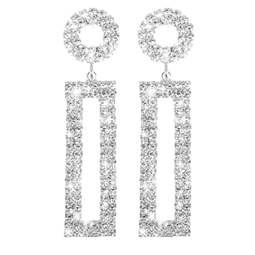 Ohrringe Quadratisch Silber Strass Lange Tropfen Große Ohrringe Statement Rechteckiger Anhänger mit Runden Nieten Modeschmuck Prom Party Hochzeit Schmuck Funkelnde Kronleuchter Ohrringe von Yolev