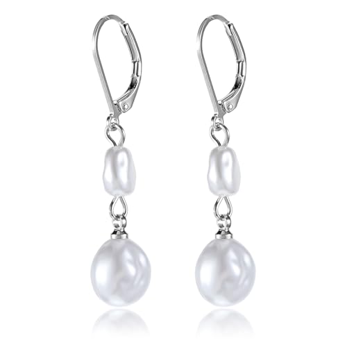 Perlenohrringe Silber 925 Hängend Damen Ohrhänger mit Perle Lange Hypoallergen Weiße Süßwasserperlen Silber Schmuck Geschenk für Frauen von Yolev