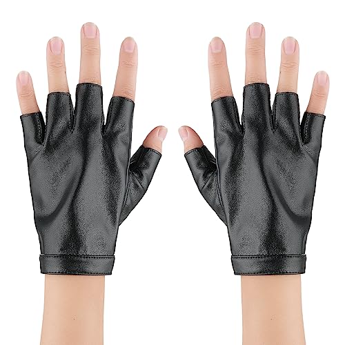 Punk Leder Fingerlose Handschuhe Schwarz Radfahren Handschuhe Outdoor Fahren Sport Halbfinger Handschuhe Damen Halloween Rock Dance Performance Kostüm Zubehör von Yolev