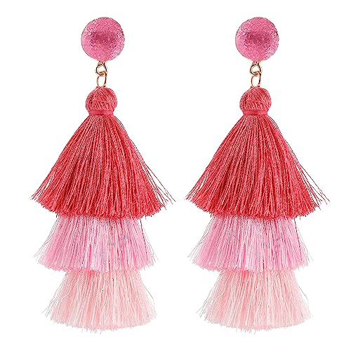 Quasten Ohrringe Roter Farbverlauf Geschichtete Quastenohrringe Boho Geschichtete Quastenfadenohrringe Bohemian Quaste Anhänger Ohrringe mit Fransen Frauen Mädchen von Yolev