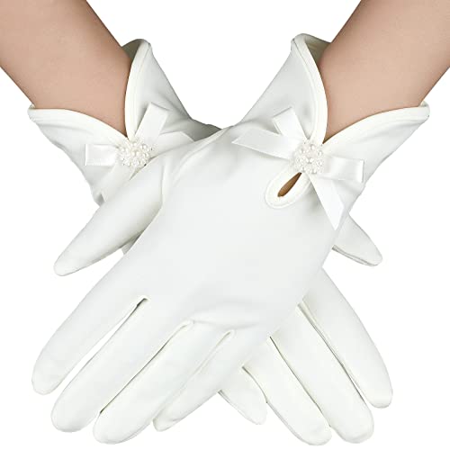 Weiße Braut Handschuhe Damen Satin Handschuhe mit Schleife Handgelenk Handschuhe Vintage Kleid Handschuhe Abschlussball Hochzeit Teeparty Kostüm Zubehör von Yolev