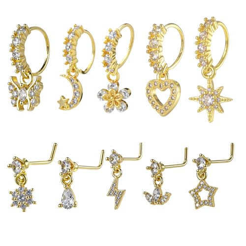 10 Pcs 20G Nasenpiercing Ring Nasenpiercing Gold L Form Stecker Helix Piercings Chirurgenstahl Nasenring Nase Schraube CZ Förmiger Nasenstecker mit Zirkonia Herz Star Blume Schmuck von Yolev