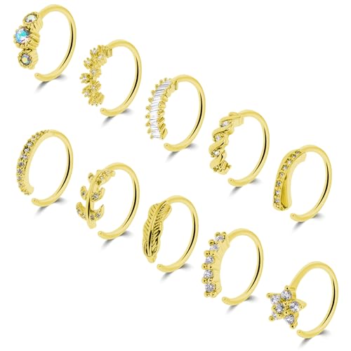 Yolev 10 Stücke Nasenring Ring Septum Piercing Zirkonia Gold Piercing Set Diaphragm Clicker Scharnier Knorpel Tragus Lippe Spirale Körper Nase Piercings Schmuck Ringe Frauen 8mm von Yolev