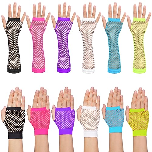 Yolev 12 Paar Neon Fingerlose Netzhandschuhe Damen Lange Kurze Netzhandschuhe Armstulpen 80er 90er Party Cosplay Kostüm Zubehör Disco Party Halloween Zubehör von Yolev