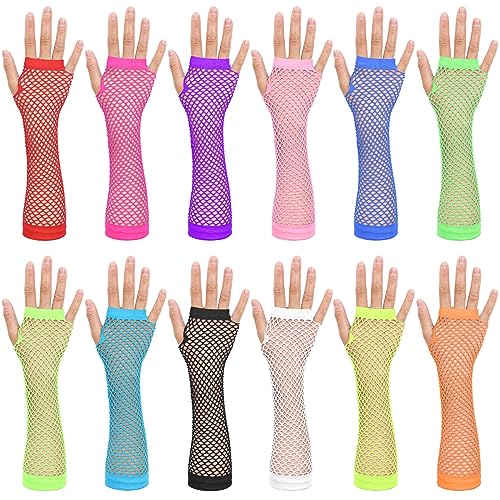 Yolev 12 Paar Neon Fingerlose Netzhandschuhe Damen Lange Netzhandschuhe Armstulpen 80er 90er Jahre Party Cosplay Kostüm Zubehör Disco Party Halloween Zubehör von Yolev