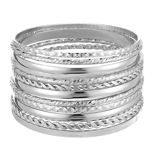 Yolev 12 Stuck Silber Armreif Indischer Schmuck Armband Set Teen Girls Punk Stapelbares Strukturiertes Armreifen Damen Braut Hochzeit Party Indianer Schmuck von Yolev