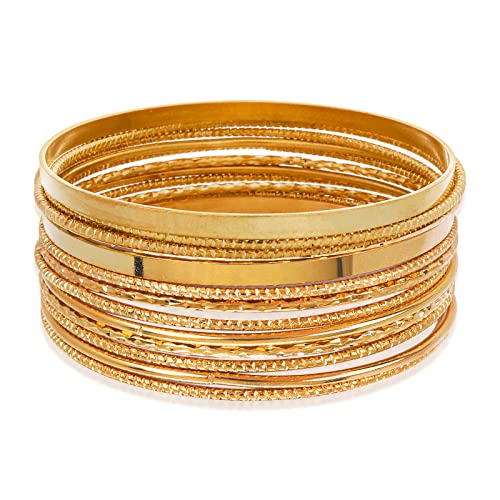 Yolev 14 Stück Armreif Gold Boho Multi Armband Set für Mädchen Punk Chunky Stapelbar Tag Braut Hochzeit Party Geschichtete Kabel Glatte sari Armbänder Indischer Schmuck Damen von Yolev