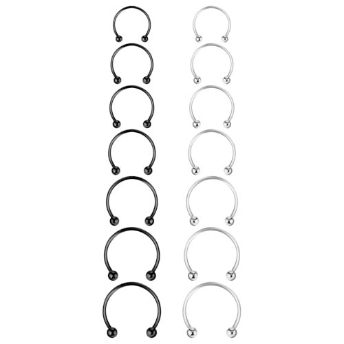 Yolev 14 Stück Hufeisenringe Chirurgenstahl 6-14 mm Septum Piercing Hufeisen Piercing Edelstahl Fake Nasenpiercing Augenbrauen Ohrringe Lippen Nasenring für Frauen Männer (Schwarz, Silber) von Yolev