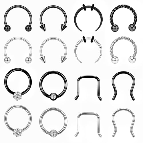 Yolev 16 Stück Hufeisen Piercing Septum Chirurgenstahl 16G Nasenpiercing Ring Fake Septum Set Lippenpiercing Tragus Piercing Selbsthaltender für Damen Herren von Yolev