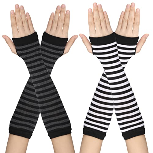 Yolev 2 Paar Damen Armstulpen Fingerlose Lange Handschuhe Gestreifte Strick Armwärmer Warme Daumenloch Stretch Handschuhe Für Winterkaltes Wetter von Yolev