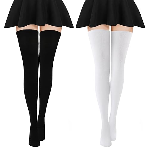 Yolev 2 Paar Overknee Strümpfe Damen 80cm Kniestrümpfe Lange Warme Thigh High Socks Damen- Mädchen Oberschenkelsocken Beinwärmer Schwarz Weiß von Yolev