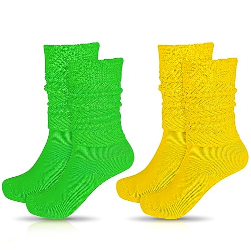 Yolev 2 Paar Damen Slouch Socken Neon Knit Schoppersocken Extra lange Lose Socken Thermosocken für 80er Party Tanz Sport Goth Streetwear（Grün Gelb） von Yolev