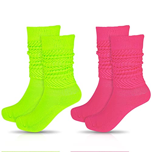 Yolev 2 Paar Damen Slouch Socken Neon Knit Schoppersocken Extra lange Lose Socken Thermosocken 80er Jahre Outfit Party Zubehör Retro Punk Streetwear（Rosenrot Fluoreszierendes Grün） von Yolev