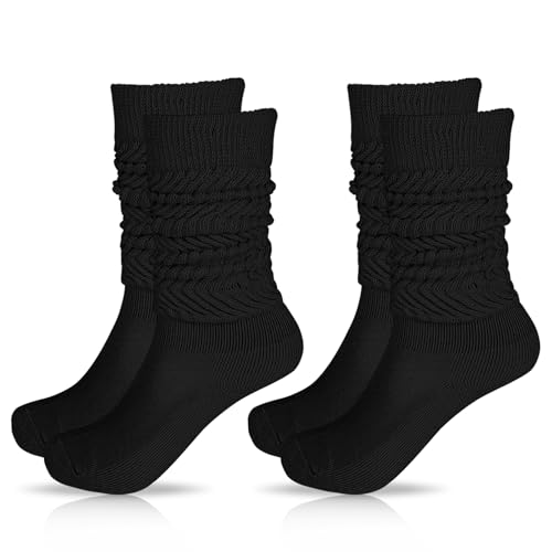 Yolev 2 Paar Damen Slouch Socken Schwarz Knit Schoppersocken Extra lange Lose Socken Thermosocken 80er Jahre Outfit Party Zubehör Retro Punk Streetwear von Yolev