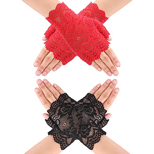 Yolev 2 Paar Fingerlose Handschuhe Damen Spitzen Handschuhe Kurz Geschnittene Fingerlose Gloves Damen Mädchen Hochzeit Party Tea Party Zubehör（Schwarz Rot） von Yolev