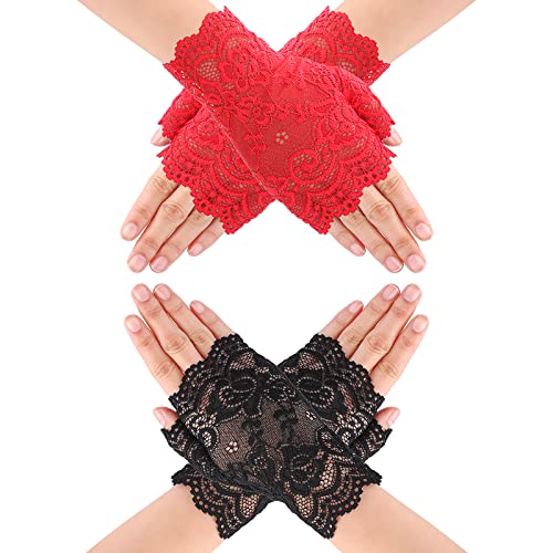Yolev 2 Paar Damen Spitzenhandschuhe Schwarz Rot Fingerlose Handschuhe Kurz Geschnittene Fingerlose Gloves Damen Mädchen halloween Hochzeit Party Tea Party Zubehör von Yolev