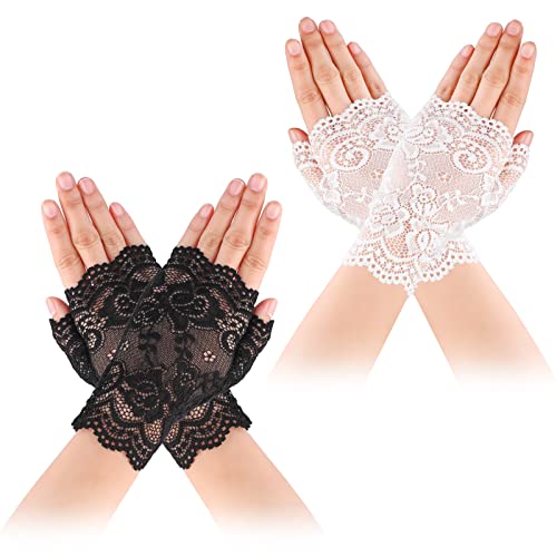 Yolev 2 Paar Fingerlose Handschuhe Damen Spitzen Handschuhe Schwarze weiße Kurz Geschnittene Fingerlose Gloves Damen Mädchen Hochzeit Party Tea Party Zubehör von Yolev