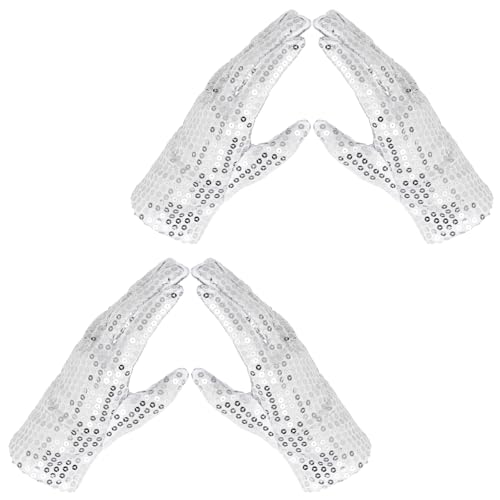 Yolev 2 Paar Glänzende Punk-Konzerthandschuhe Handschuhe Pailletten Erwachsene Popstar Party Handschuhe Glitzer Silber Tanzhandschuhe Performance Tanz Accessoires Halloween Karneval Cosplay von Yolev