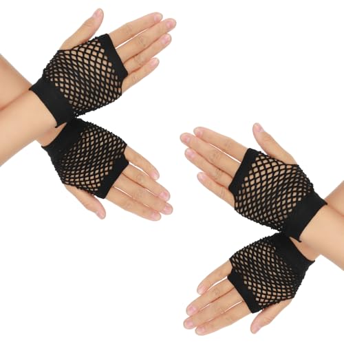 Yolev 2 Paar Netzhandschuhe Schwarz Fingerlose Stretch Mesh Kurz Handschuhe Retro Nylon Fishnet Gloves für 80er Jahre Kostüm Zubehör Disco Maskerade Partyzubehör (schwarz) von Yolev