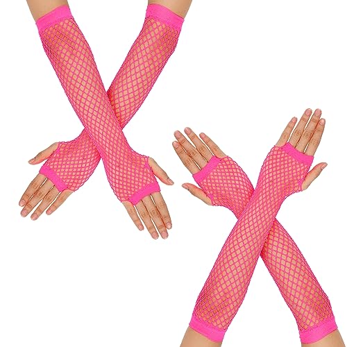 Yolev 2 Paar Netzhandschuhe Damen Lange Fingerlose Handschuhe Neonpinke Armstulpen Netzhandschuhe 80er-Jahre Retro Party Disco Maskerade Kostüm Zubehör von Yolev