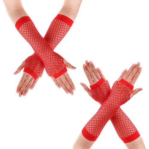 Yolev 2 Paar Netzhandschuhe Damen Lange Fingerlose Handschuhe Rot Armstulpen Netzhandschuhe 80er-Jahre Retro Party Disco Maskerade Kostüm Zubehör von Yolev
