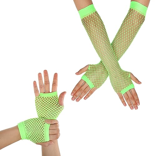 Yolev 2 Paar Netzhandschuhe Leuchtendes Grün Damen Fingerlose Handschuhe Lang Kurz Netzhandschuhe 80er-Jahre Retro Party Disco Maskerade Kostüm Zubehör von Yolev