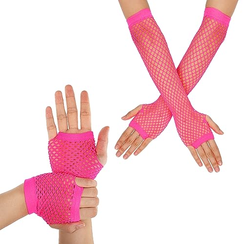 Yolev 2 Paar Netzhandschuhe Neonpink Damen Fingerlose Handschuhe Lang Kurz Netzhandschuhe 80er-Jahre Retro Party Disco Maskerade Kostüm Zubehör von Yolev