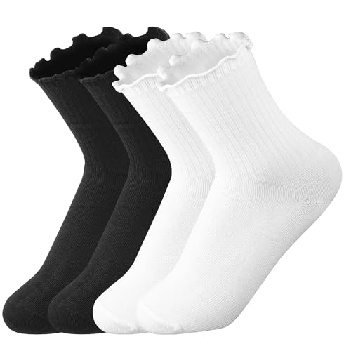 Yolev 2 Paar Socken mit Rüschen Damen Baumwoll Faltensocken Weiße und Schwarze Trachtensocken Rüschen Socken Mädchen für Münchner Oktoberfest Florsocken Partykleidung Rüschensocken Damen von Yolev