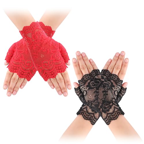 Yolev 2 Paar Spitzenhandschuhe Schwarz Rot Kurze für Damen Fingerlose Handschuhe Damen Braut Hochzeit Abschlussball Teeparty Brauthandschuhe Halloween Weihnachten 1920er Jahre Hochzeitszubehör von Yolev