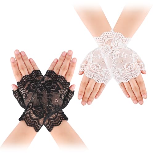 Yolev 2 Paar Spitzenhandschuhe Schwarz Weiß Kurze für Damen Fingerlose Handschuhe Damen Braut Hochzeit Abschlussball Teeparty Brauthandschuhe 1920er Jahre Hochzeitszubehör von Yolev