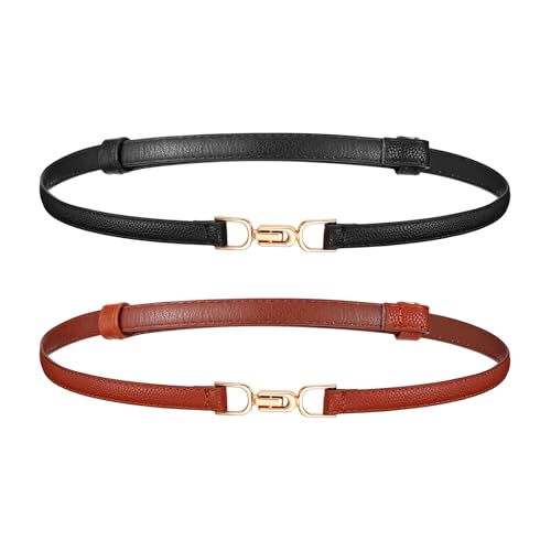 Yolev 2 Stück Schmaler Gürtel Damen Taillengürtel Schmal Leder Skinny Gürtel Frauen Elastischer Taillengürtel Dünner mit Goldener Schnalle Klassisch Kleid Hose Jeans von Yolev