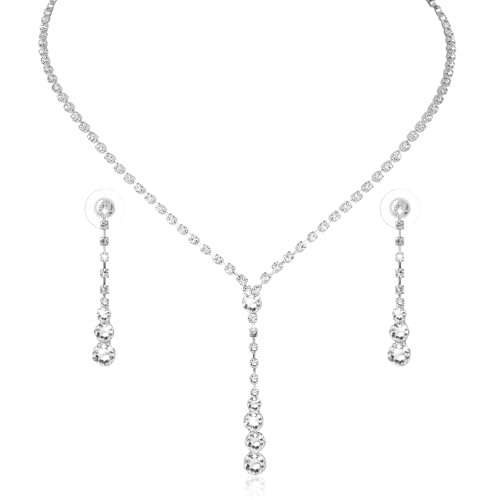 Yolev ﻿2 Stück Silber Brautschmuck Hochzeit Schmuck Set für Damen Set Hochzeit Braut Strass Halskette Dangle Ohrringe Glänzendes Armband Party Braut Brautjungfer Schmuck von Yolev