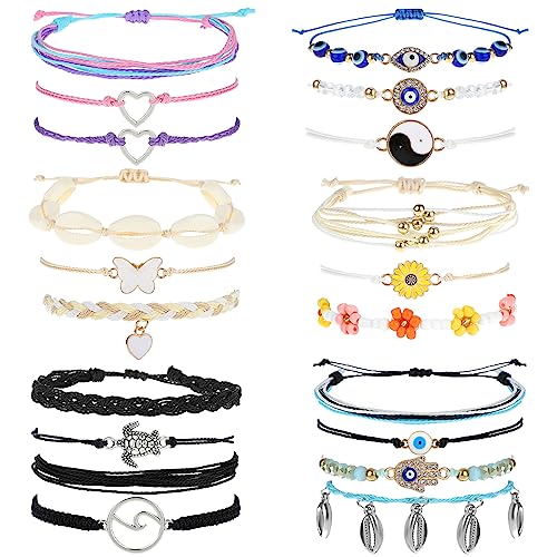 Yolev 20 Stück Boho Seil Armbänder Set für Damen Fußband Strand Surf Wellen Paracord Armband Frauen Verstellbare Handgeflochtene Freundschaftsarmband Sommer Seil Armbänder Mädchen von Yolev