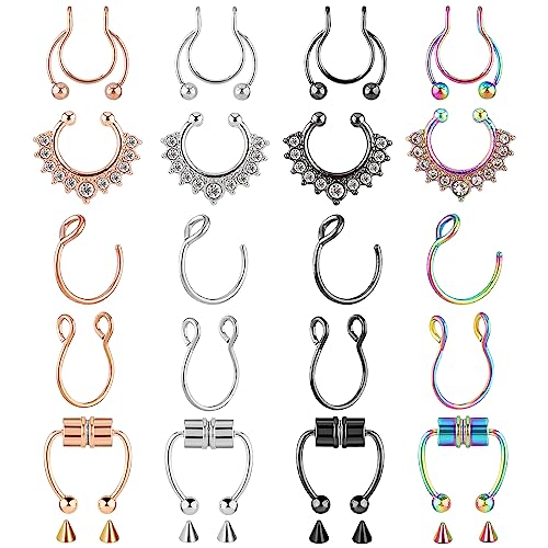 Yolev 20 Stück Nasenpiercing Magnet 16 g Fake Septum Piercing Nase Falscher Nasenring für Damen Fake Nose Ring Nicht Durchdringend Falsche Nasenmanschette Hufeisen Piercing Lippenpiercing von Yolev