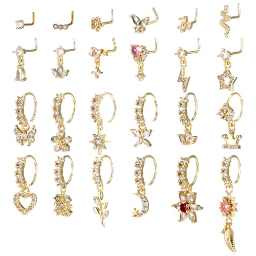 Yolev 24 Stück Nasenpiercing Gold Nasenring Ring Septum Piercing 20G L-Förmig Nasenring Nase Baumelnder Nasenstecker mit Zirkonia Herz Star Blume Schmuck für Frauen und Männer von Yolev