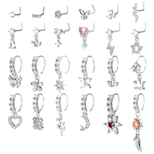 Yolev 24 Stück Nasenpiercing Silber Nasenring Ring Septum Piercing 20G L- Förmig Nasenring Nase Baumelnder Nasenstecker mit Zirkonia Herz Star Blume Schmuck für Frauen und Männer von Yolev