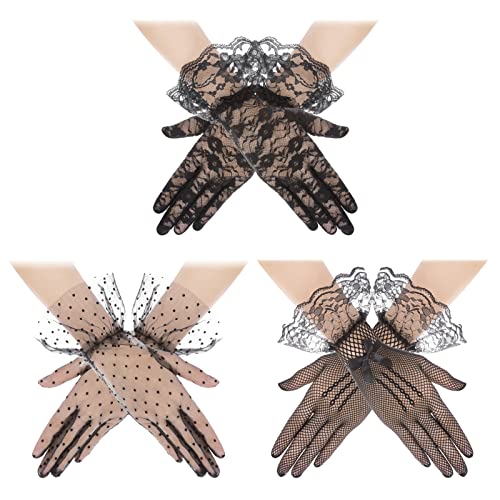 Yolev 3 Paar Netzhandschuhe Schwarz Damen Elegante Kurze Spitzenhandschuhe Fishnet Gloves Handschuhe Schwarz Blumenhandschuhe Handgelenklange Sommerhandschuhe für Opernball Cosplay 1950er Teeparty von Yolev