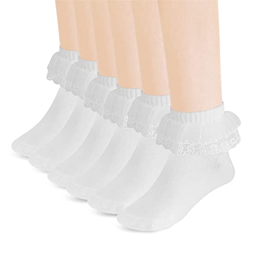 Yolev 3 Paar Rüschen Socken Mädchen Spitzen Söckchen Weiße Prinzessin Socken Bequeme Mode Baumwoll Socken für 4-8 Jahre Mädchen von Yolev